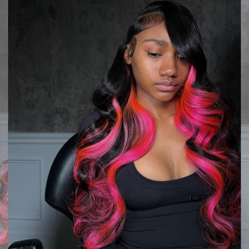 SWAY Black with Hot Pink Cherry Red Highlights 13x4 Lace Front Virgin Remy Human Hair Wigs 200 Density