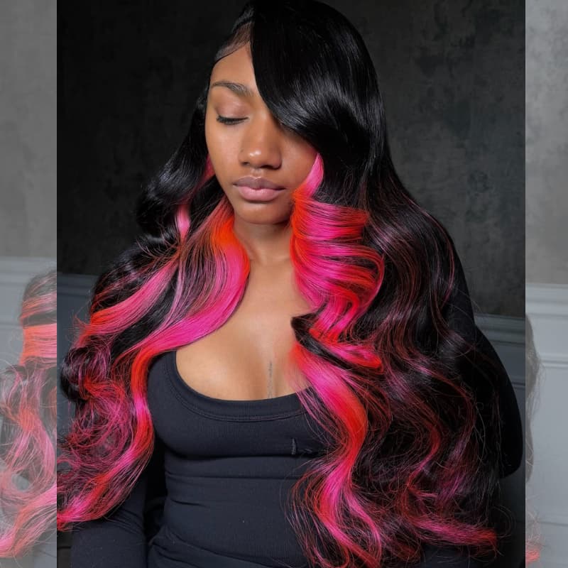 SWAY Black with Hot Pink Cherry Red Highlights 13x4 Lace Front Virgin Remy Human Hair Wigs 200 Density