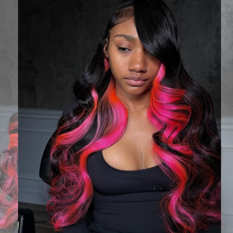 SWAY Black with Hot Pink Cherry Red Highlights 13x4 Lace Front Virgin Remy Human Hair Wigs 200 Density