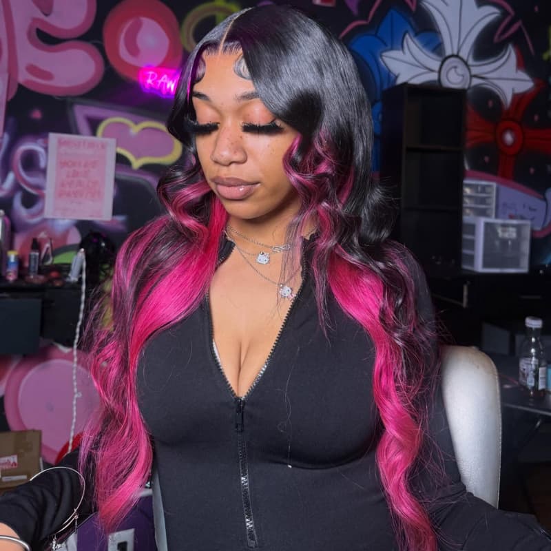 SWAY Black with Hot Pink Money Piece Streaks 13x4 Lace Front Human Hair Wig