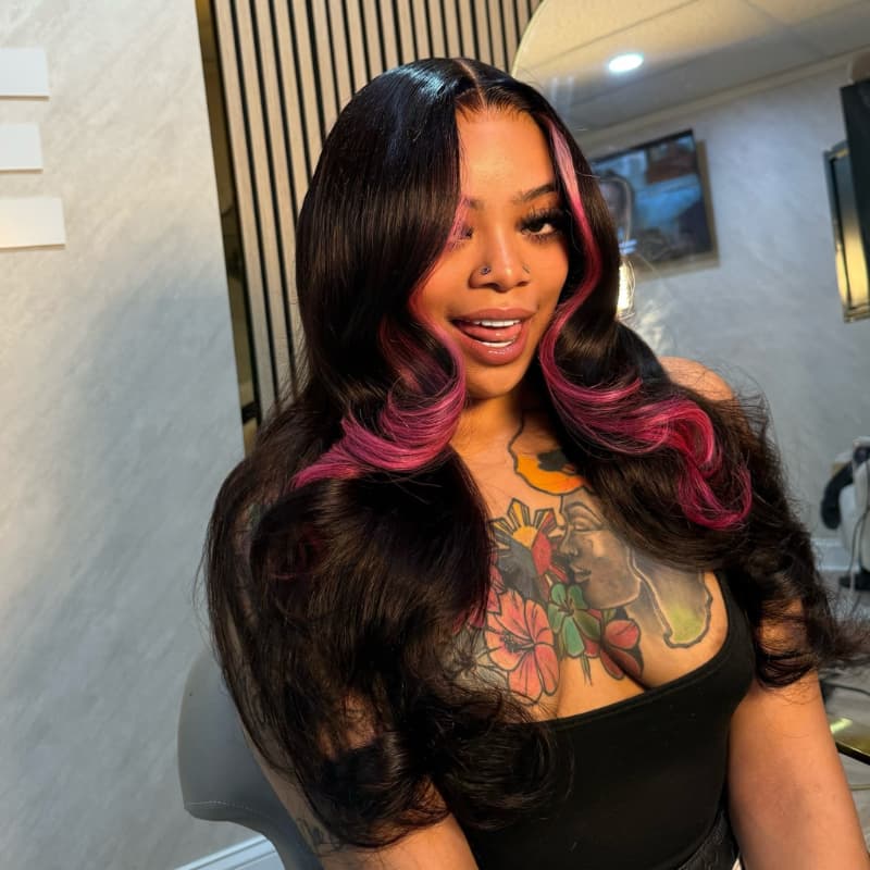 SWAY Black with Rose Pink Face-Framing Skunk Stripe 13x4 Lace Front Human Hair Wigs 200 Density