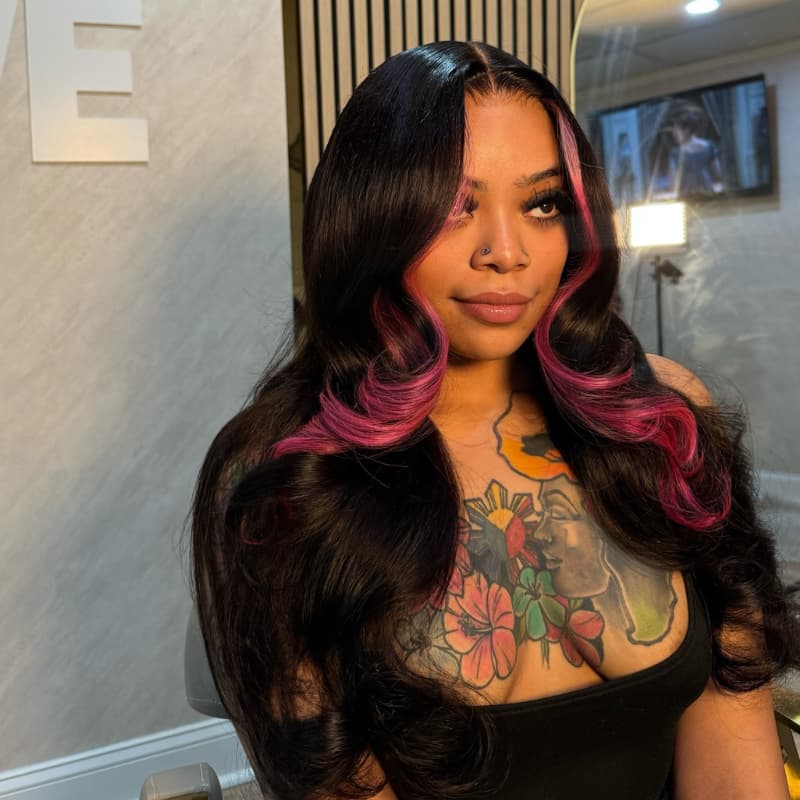 SWAY Black with Rose Pink Face-Framing Skunk Stripe 13x4 Lace Front Human Hair Wigs 200 Density