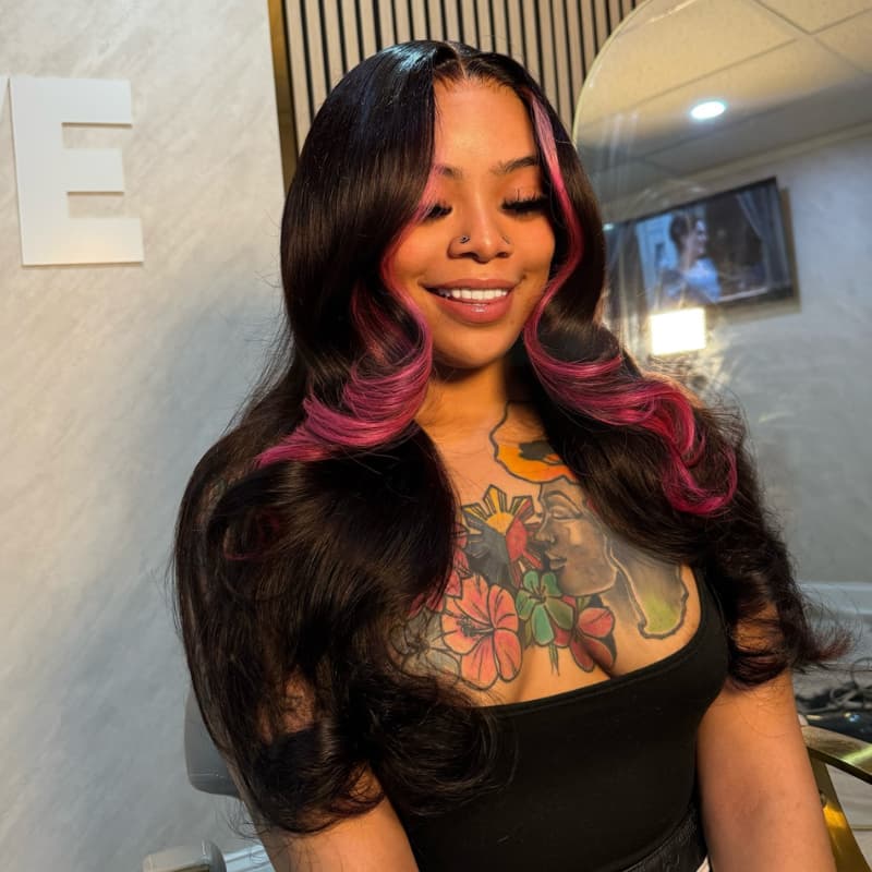 SWAY Black with Rose Pink Face-Framing Skunk Stripe 13x4 Lace Front Human Hair Wigs 200 Density