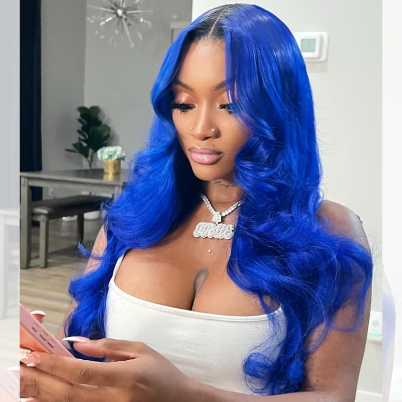 SWAY Blue With Dark Roots 13x4 Lace Front Virgin Remy Human Hair Wigs 200 Density