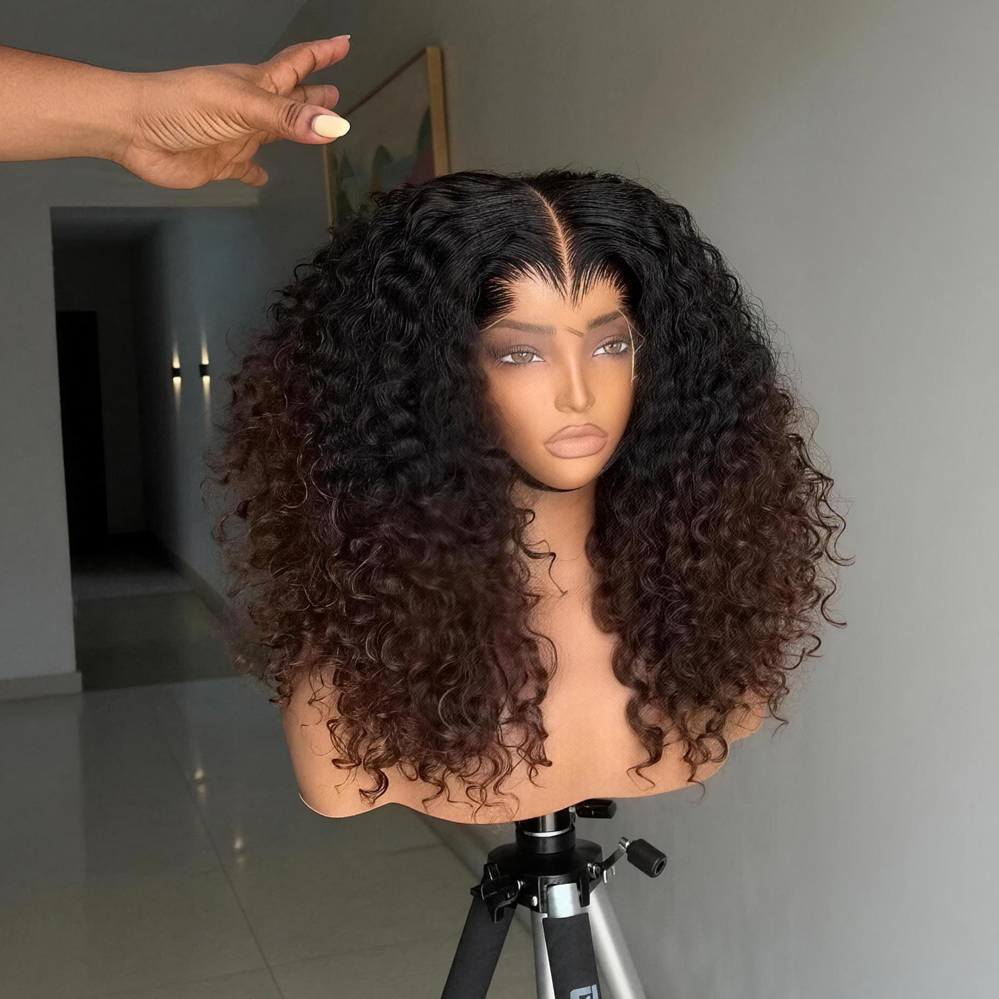 SWAY Bouncy Springy Coils Tight Curly Ombre Black Brown 300 Density 13x4 Lace Front Human Hair Wig