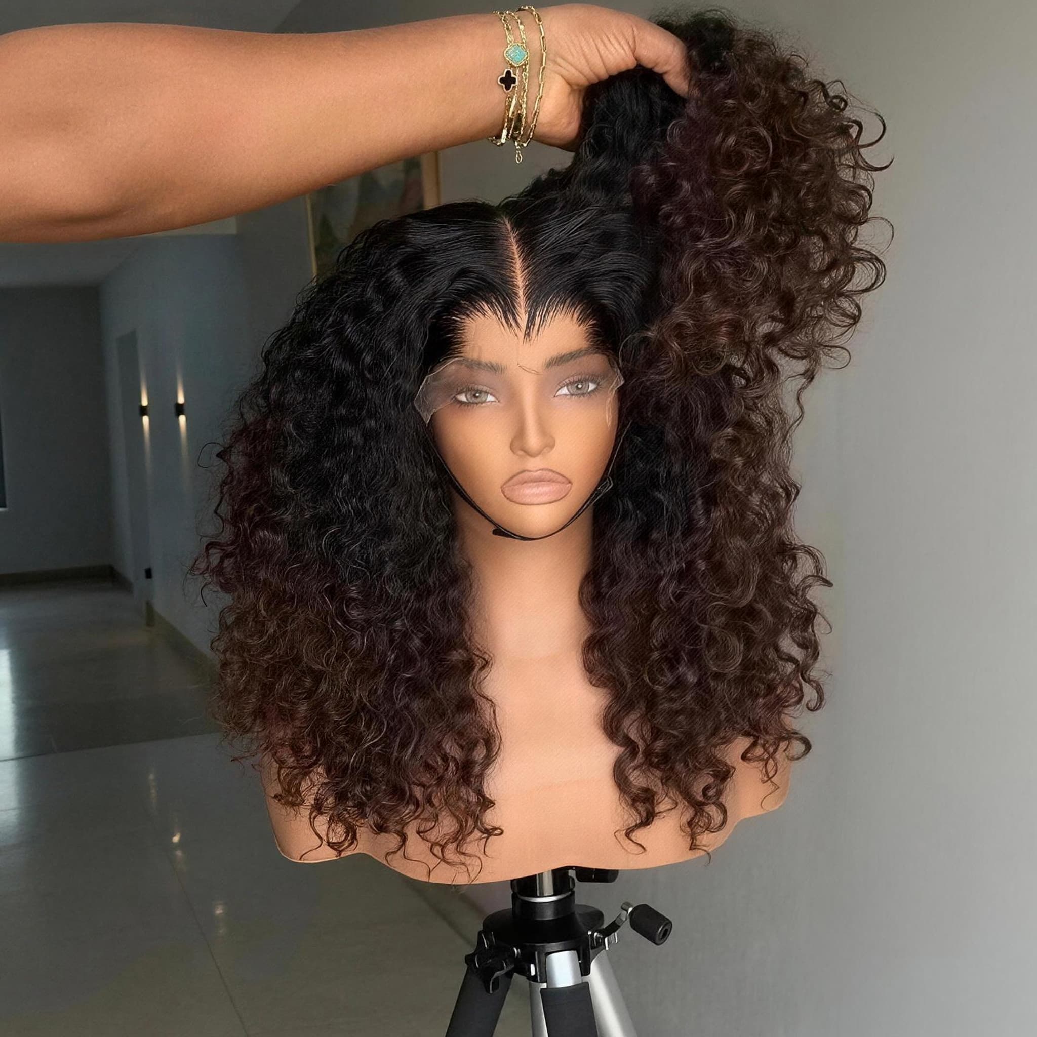 SWAY Bouncy Springy Coils Tight Curly Ombre Black Brown 300 Density 13x4 Lace Front Human Hair Wig