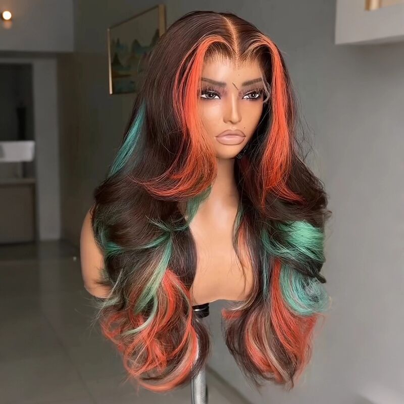 SWAY Brown With Bold Coral Peach Orange Mint Green Highlights 13X4 Lace Front Human Hair Wigs