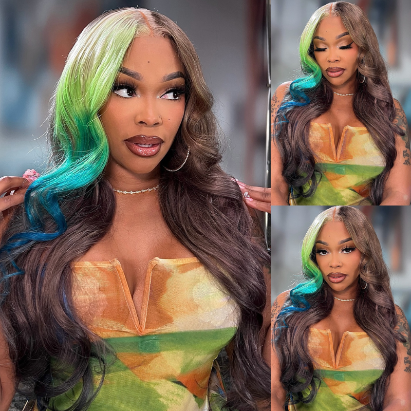 SWAY Brown With Ombre Blonde Green Blue Streaks 13x4 Lace Front  Remy Human Hair Wigs