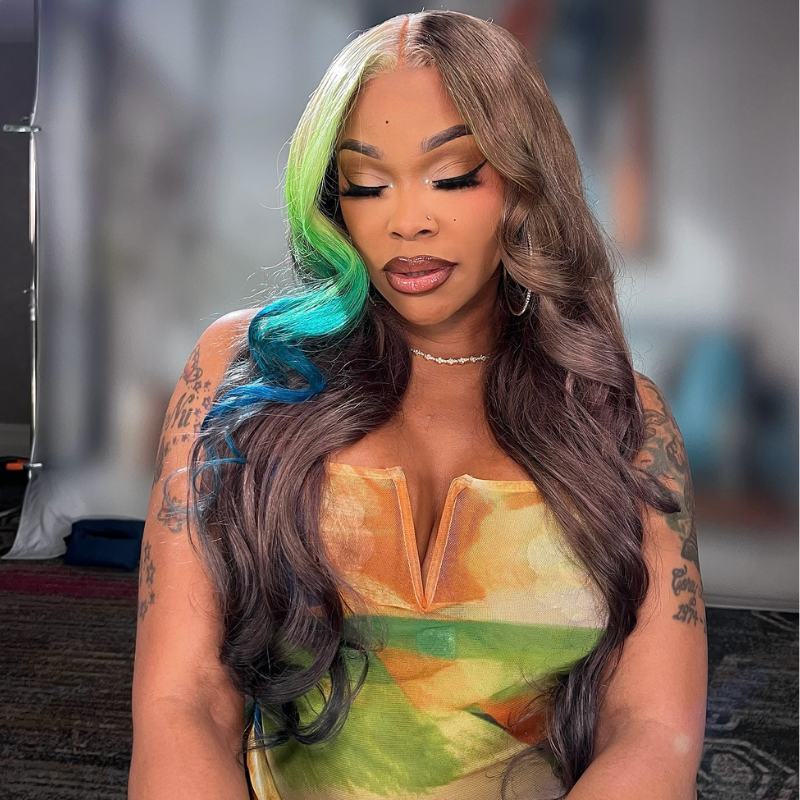 SWAY Brown With Ombre Blonde Green Blue Streaks 13x4 Lace Front  Remy Human Hair Wigs