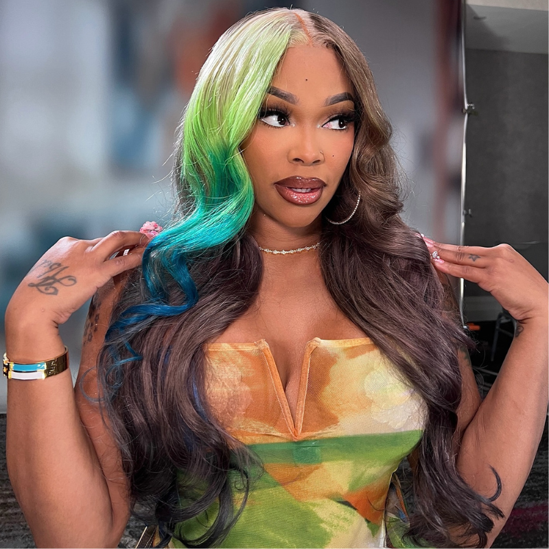 SWAY Brown With Ombre Blonde Green Blue Streaks 13x4 Lace Front  Remy Human Hair Wigs