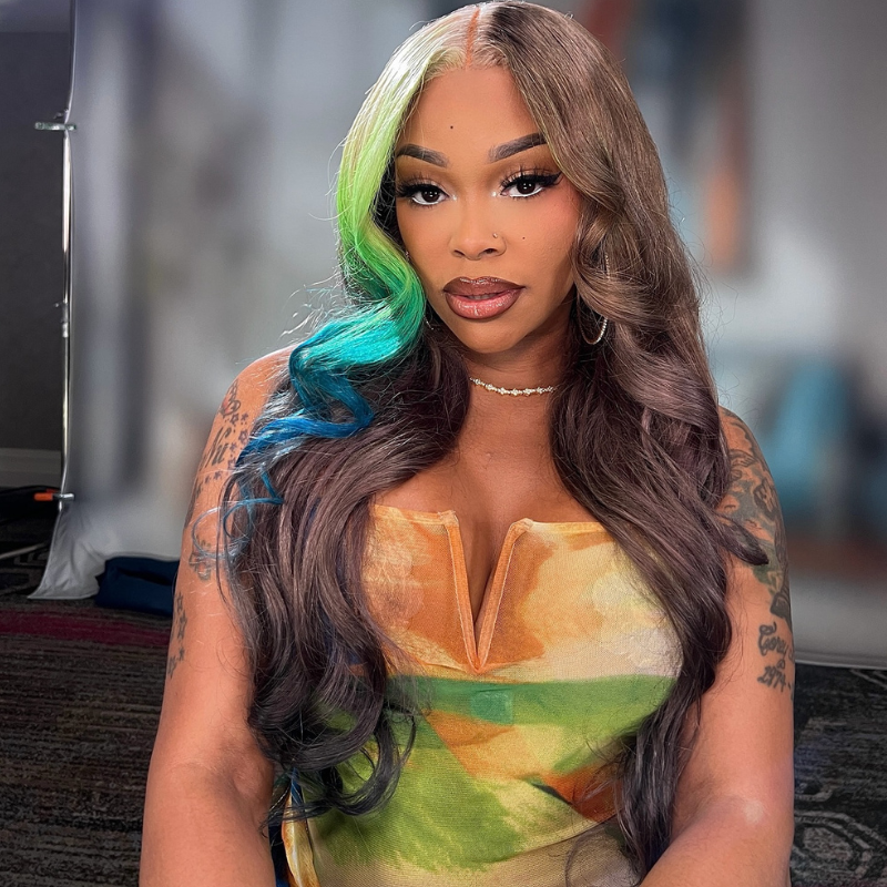 SWAY Brown With Ombre Blonde Green Blue Streaks 13x4 Lace Front  Remy Human Hair Wigs