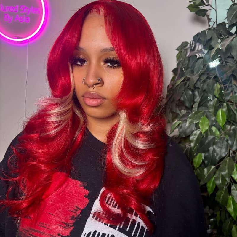 SWAY Burgundy Hot Red With Blonde Highlights 13x4 Lace Front Human Hair Wigs 200 Density