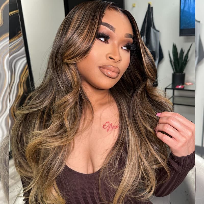 SWAY Caramel Brown Honey Blonde Highlights 13x4 Lace Front Human Hair Wigs 200 Density