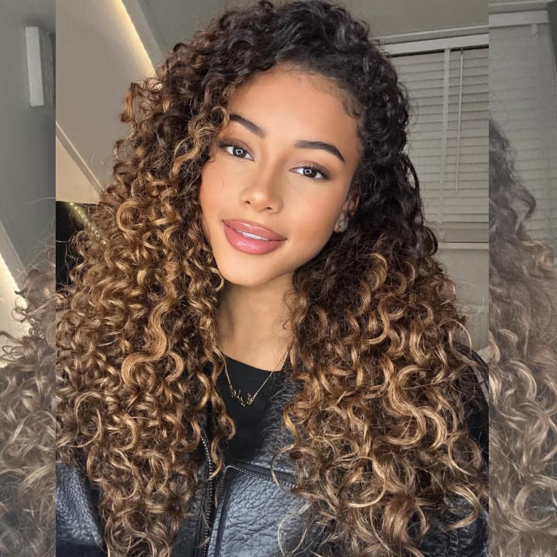 SWAY Caramel Golden Honey Blonde Brown With Dark Roots Tight Spring Curly 13X4 Lace Front Human Hair Wigs 250 300 Density