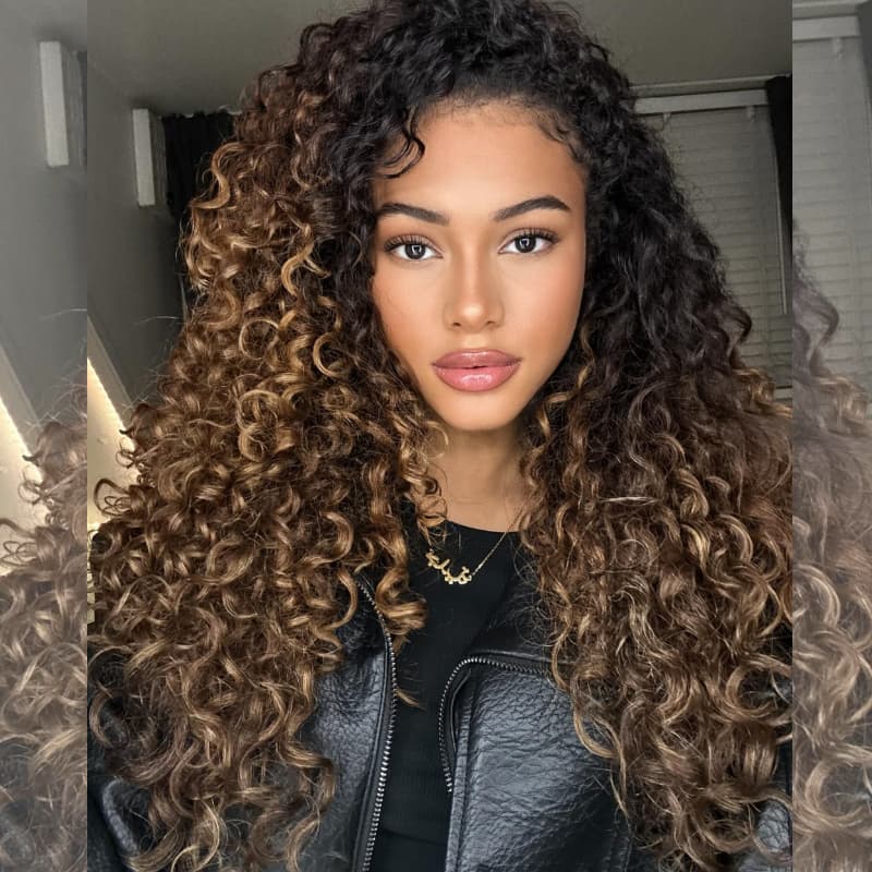 SWAY Caramel Golden Honey Blonde Brown With Dark Roots Tight Spring Curly 13X4 Lace Front Human Hair Wigs 250 300 Density