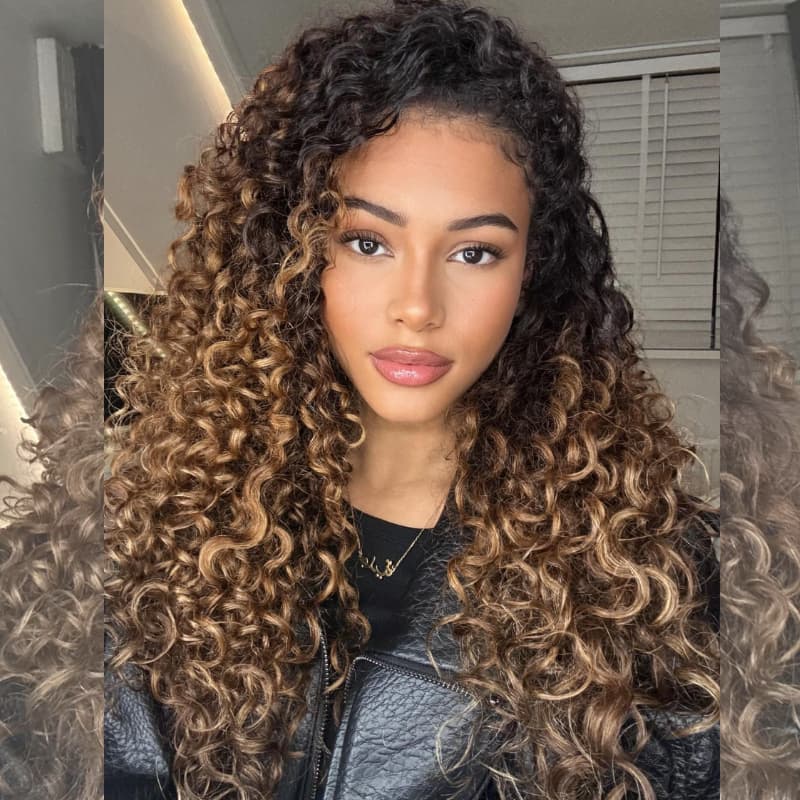 SWAY Caramel Golden Honey Blonde Brown With Dark Roots Tight Spring Curly 13X4 Lace Front Human Hair Wigs 250 300 Density