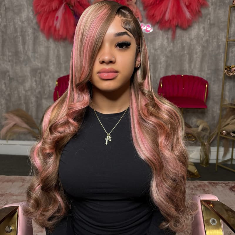 SWAY Chocolate Brow Pink Highlight Streaks 13x4 Lace Front Virgin Human Hair Wig