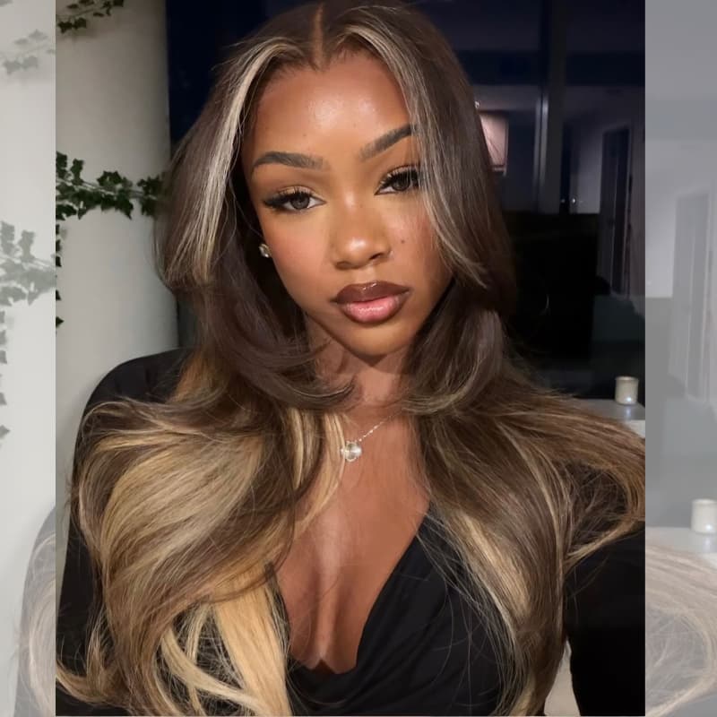 SWAY Chocolate Brown Honey Blonde Face-Framing Balayage 13x4 Lace Front Virgin Human Hair Wigs 200 Density