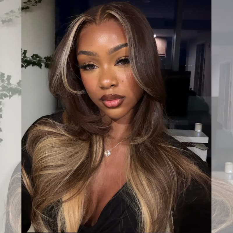 SWAY Chocolate Brown Honey Blonde Face-Framing Balayage 13x4 Lace Front Virgin Human Hair Wigs 200 Density