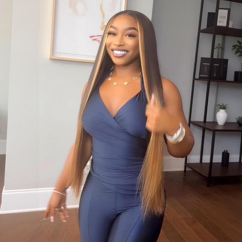SWAY Dark Brown Caramel Blonde Face-Framing Highlights Bone Straight 300 Density 13x4 Lace Front Human Hair Wigs