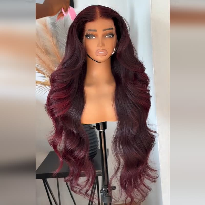 SWAY Dark Burgundy Red Loose Wavy 300 Density 13x4 Lace Front Human Hair Wigs
