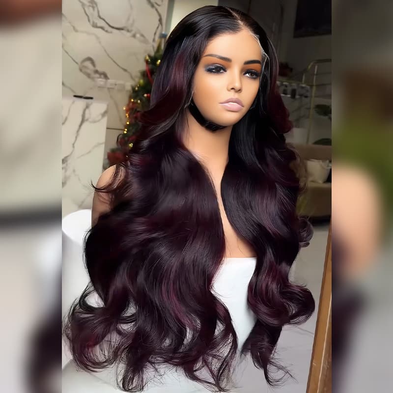 SWAY Dark Burgundy Red Natural Wave Long wigs Remy Human Hair 250 300 Density