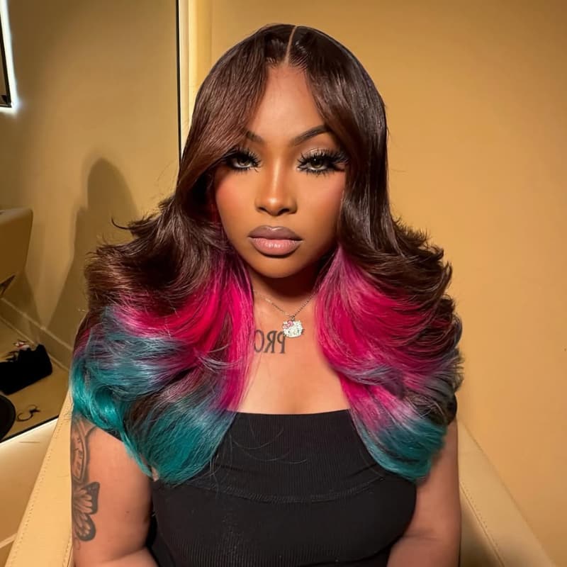 SWAY Dark Chocolate Brown With Vibrant Hot Pink Bold Turquoise Teal Green Ombre 13X4 Lace Front Human Hair Wigs