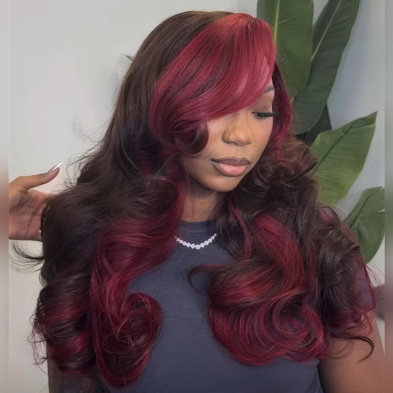 SWAY Dark Chocolate Brown with Burgundy Cherry Red Highlights 13x4 Lace Front Virgin Human Hair Wig
