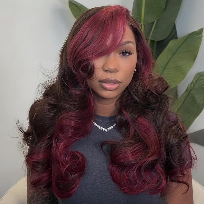 SWAY Dark Chocolate Brown with Burgundy Cherry Red Highlights 13x4 Lace Front Virgin Human Hair Wig