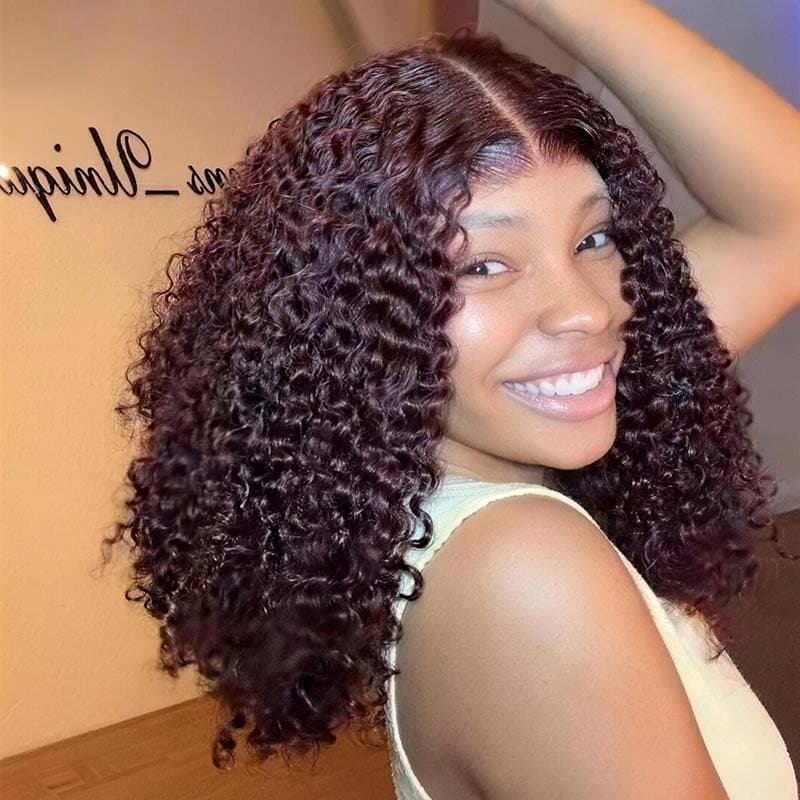 SWAY Deep Burgundy Red Defined Tight Curly Short Bob 13x4 Lace Front Human Hair Wigs