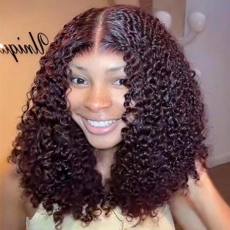 SWAY Deep Burgundy Red Defined Tight Curly Short Bob 13x4 Lace Front Human Hair Wigs