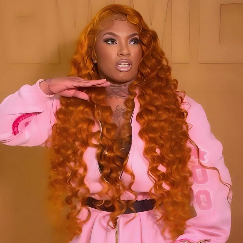 SWAY Ginger Reddish Brown Wand Curls 13x4 HD Lace Front Virgin Human Hair Wigs 200 Density