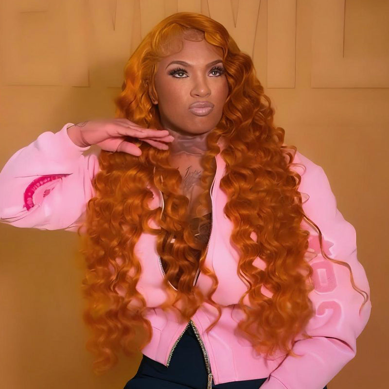 SWAY Ginger Reddish Brown Wand Curls 13x4 HD Lace Front Virgin Human Hair Wigs 200 Density