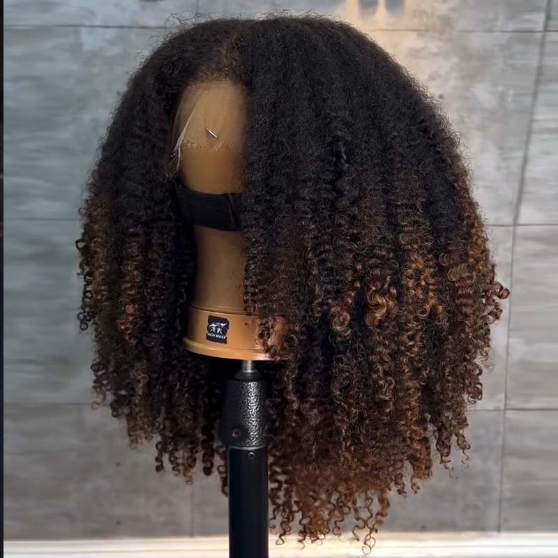 SWAY Ombre Black Brown Fluffy Kinky Curly Coils Short Bob 4x4 Lace Frontal Human Hair Wigs