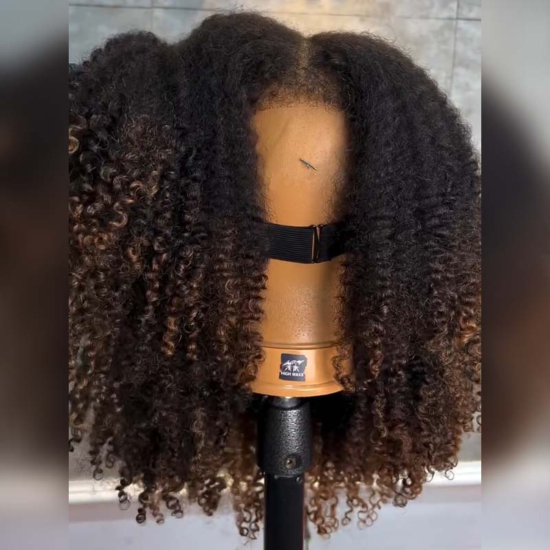 SWAY Ombre Black Brown Fluffy Kinky Curly Coils Short Bob 4x4 Lace Frontal Human Hair Wigs