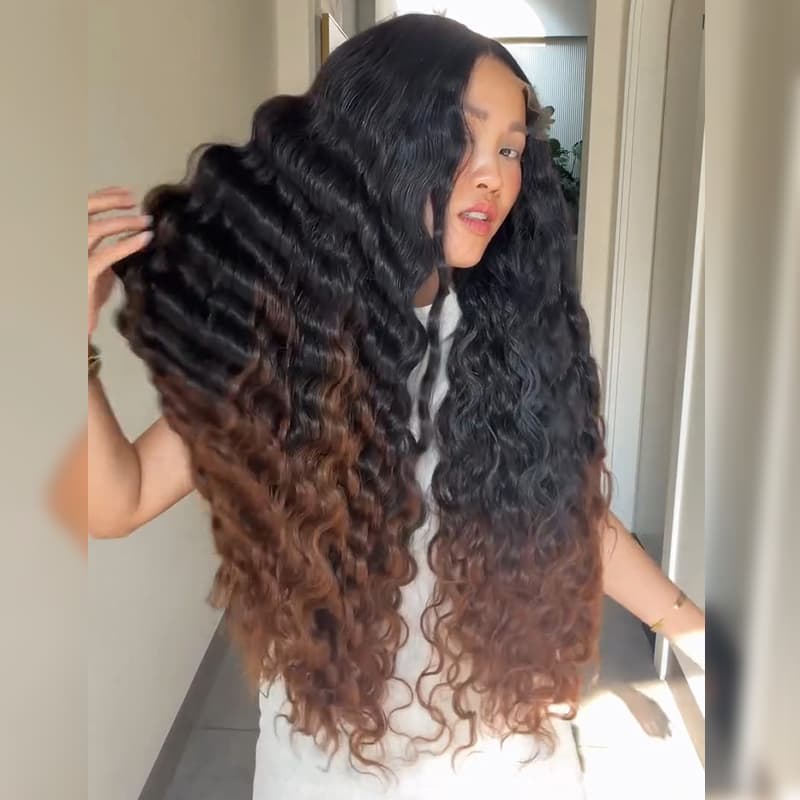 SWAY Ombre Black Brown Loose Deep Wave 300 Density 13x4 Lace Front Human Hair Wig