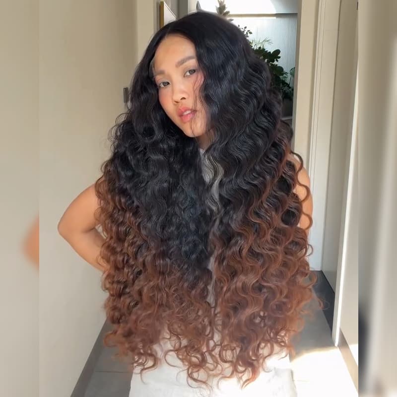 SWAY Ombre Black Brown Loose Deep Wave 300 Density 13x4 Lace Front Human Hair Wig