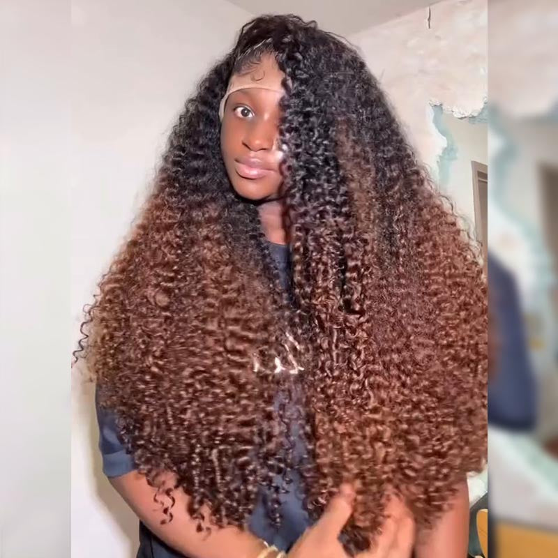 SWAY Ombre Black Chocolate Brown Deep Spiral Kinky Curly 13x4 Lace Front Human Hair Wigs