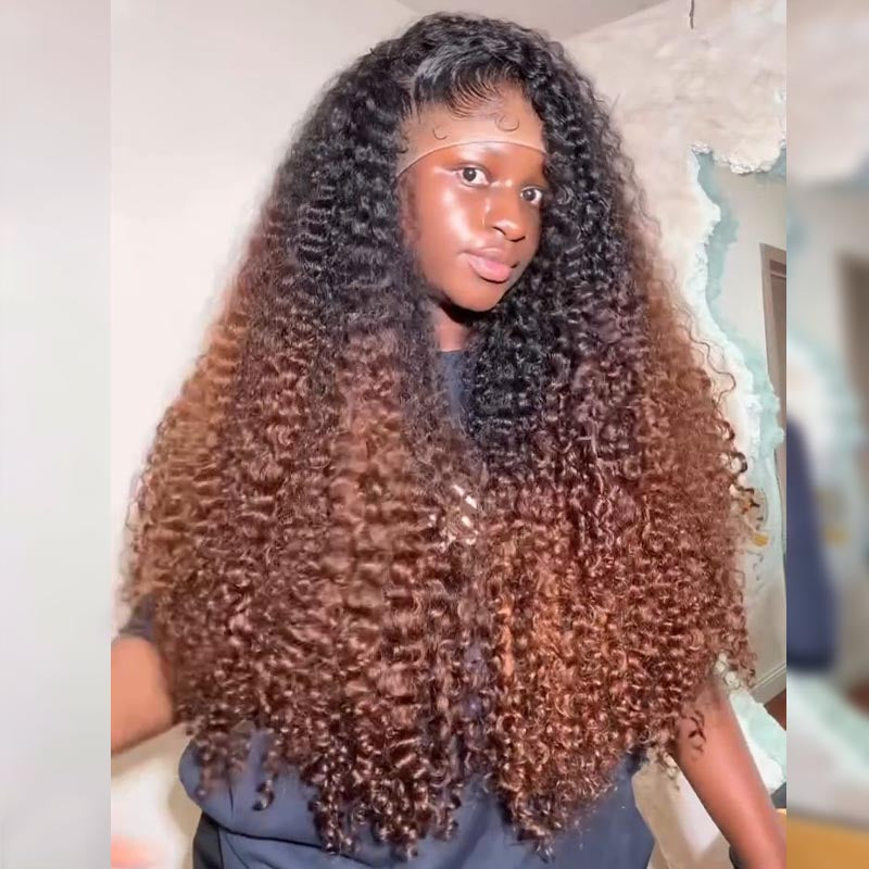 SWAY Ombre Black Chocolate Brown Deep Spiral Kinky Curly 13x4 Lace Front Human Hair Wigs