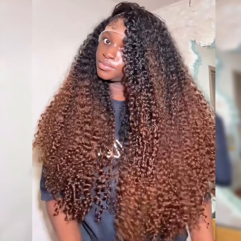 SWAY Ombre Black Chocolate Brown Deep Spiral Kinky Curly 13x4 Lace Front Human Hair Wigs
