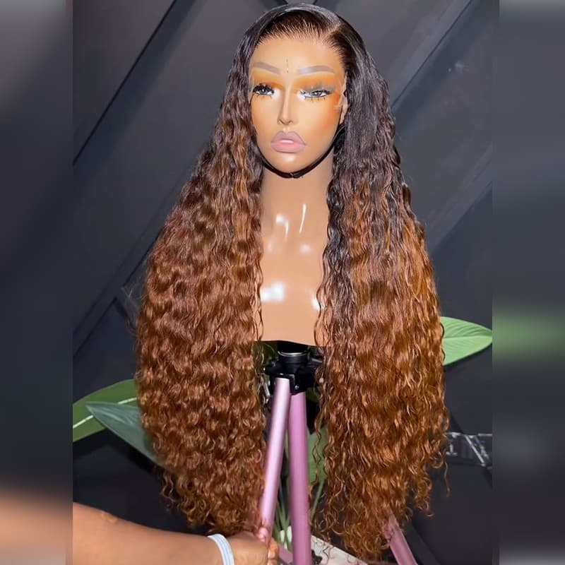 SWAY Ombre Black Chocolate Brown Water Wave 300 Density 13x4 Lace Front Human Hair Wigs