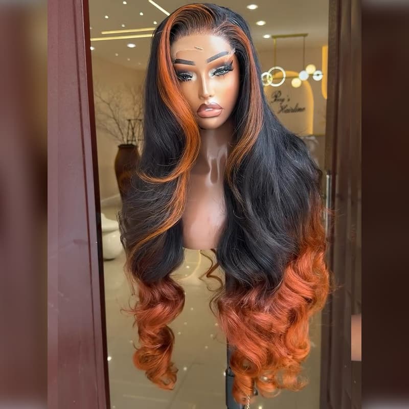 SWAY Ombre Black Copper Orange Skunk Stripe Straight Wavy 300 Density 13x4 Lace Front Human Hair Wigs