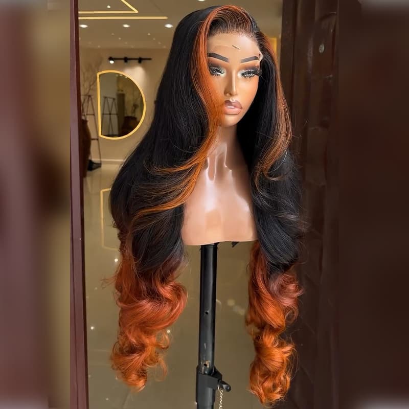 SWAY Ombre Black Copper Orange Skunk Stripe Straight Wavy 300 Density 13x4 Lace Front Human Hair Wigs