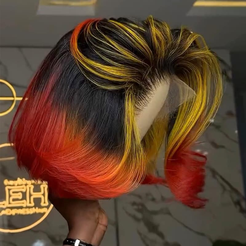 SWAY Ombre Black Copper Red With Yellow Highlights 8 10 12 inch Short Bob 13x4 Lace Front Human Hair Wig