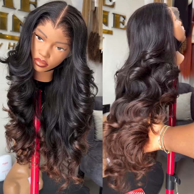 SWAY Ombre Black Brown Loose Body Wave 300 Density 13x4 Lace Front Human Hair Wigs