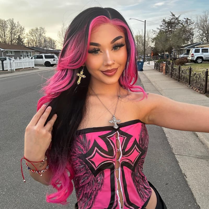 SWAY Luxury Summer Beach Vacations Ombre Black With Hot Pink Skunk Stripe 13x4 Lace Front Human Hair Wig