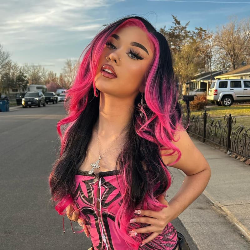 SWAY Luxury Summer Beach Vacations Ombre Black With Hot Pink Skunk Stripe 13x4 Lace Front Human Hair Wig