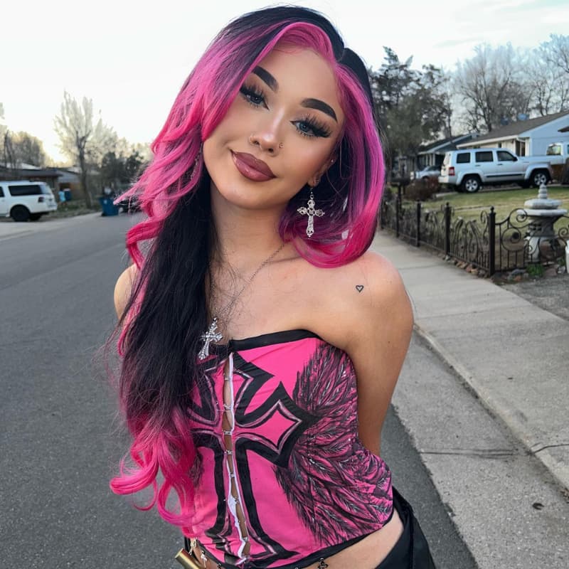 SWAY Luxury Summer Beach Vacations Ombre Black With Hot Pink Skunk Stripe 13x4 Lace Front Human Hair Wig