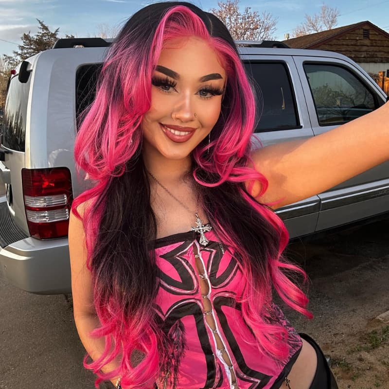 SWAY Luxury Summer Beach Vacations Ombre Black With Hot Pink Skunk Stripe 13x4 Lace Front Human Hair Wig