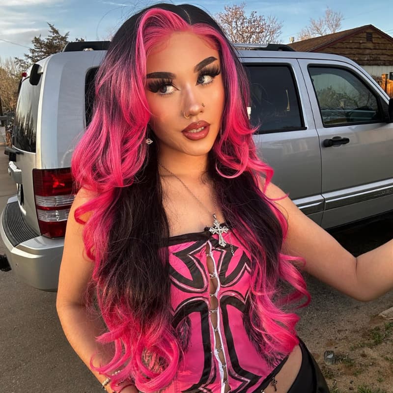 SWAY Luxury Summer Beach Vacations Ombre Black With Hot Pink Skunk Stripe 13x4 Lace Front Human Hair Wig
